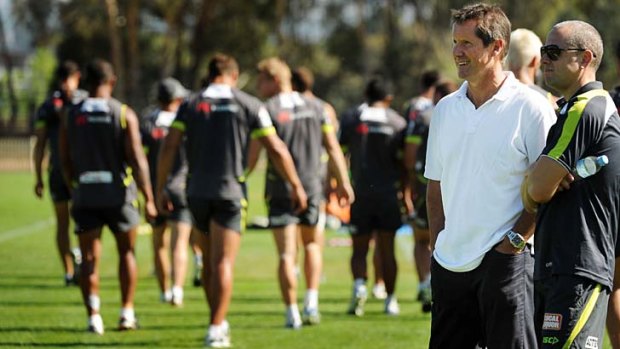 Code names ... Wallabies coach Robbie Deans drops in on the Canberra Raiders last month.