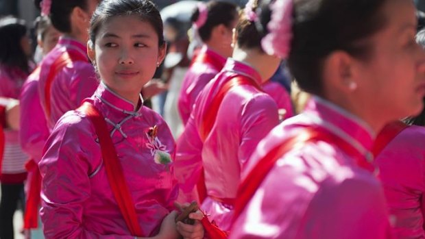 Performers prepare to join a march at the beginning of a pro-democracy demonstration in Hong Kong.