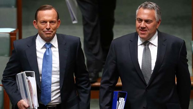 All smiles: Tony Abbott and Treasurer Joe Hockey on Thursday.