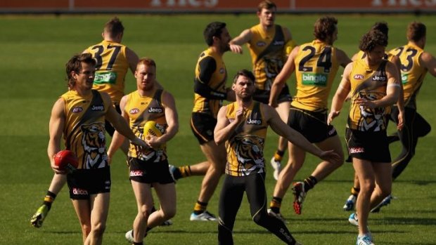 Richmond players train on Thursday before they left for Adelaide.