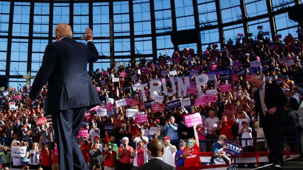 Donald Trump arrives to speak to a campaign rally on Monday in Raleigh, North Carolina.