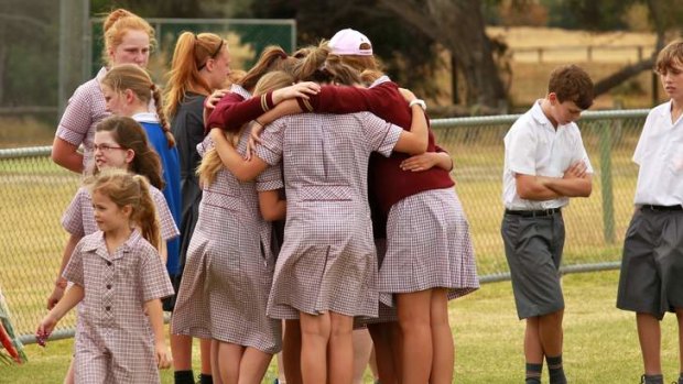 Luke Batty's schoolmates from Flinders Christian College gather at Bunguyan Reserve on Friday.