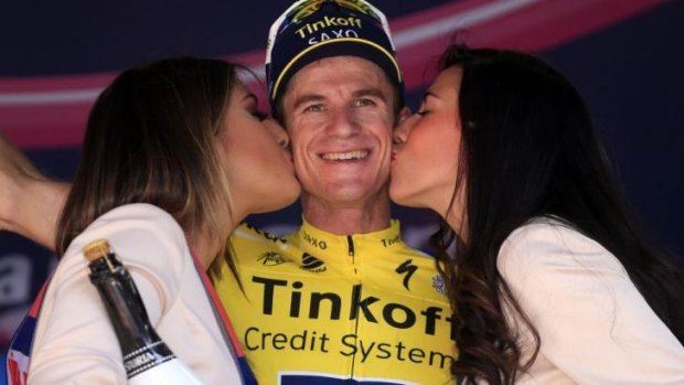 Michael Rogers celebrates on the podium after winning the 11th stage of the Giro d'Italia in May.