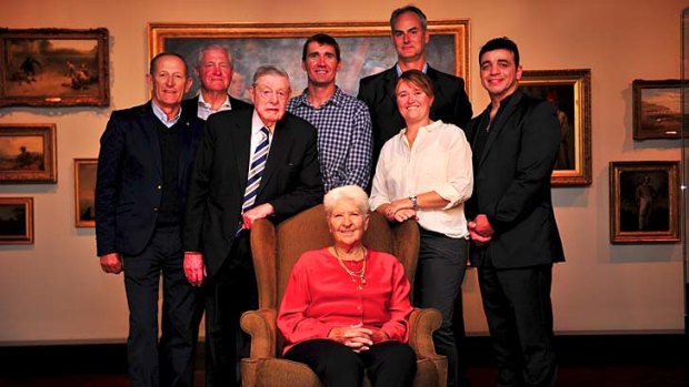 Greats: Legend Dawn Fraser (seated) with Hall of Fame inductees, from left, Victor Kovalenko, Ron Coote, Ted Harris, Clint Robinson, Graeme Lloyd, Alyson Annan and Stan Longinidis.