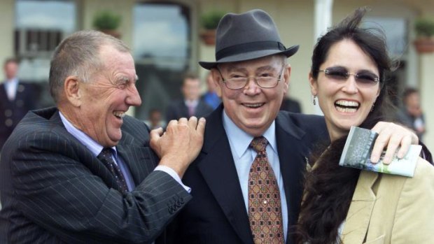 Glory days: The late Jack Ingham (centre) celebrates a victory at Randwick with John and Julie Singleton in 2002.