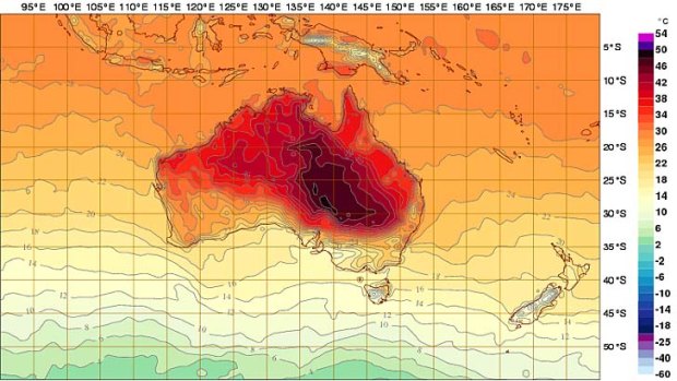 Heating up: the Bureau of Meterology's prediction for Australia at 5pm AEDT today.