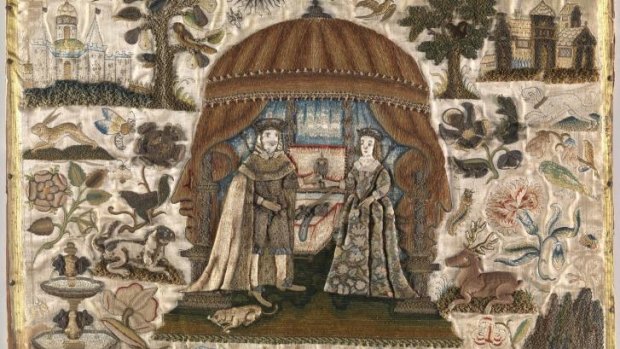 Details of a panel of King Charles I and Henrietta Maria (mid-17th  century) done by a 12-year-old girl. It is composed of silk, linen, paper, metal, pearls, coral, wood, and cotton wadding.