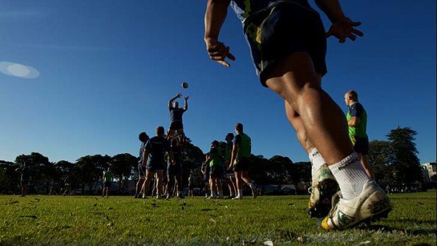 Preparing for battle ...  the Wallabies go through lineout drills during training at the Victoria Barracks yesterday.