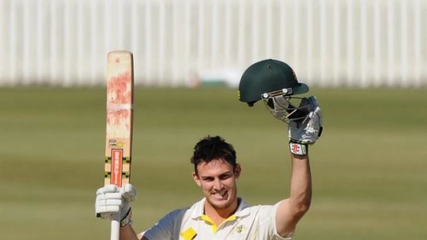 Mitchell Marsh of Australia A celebrates his century. There was far more to come.