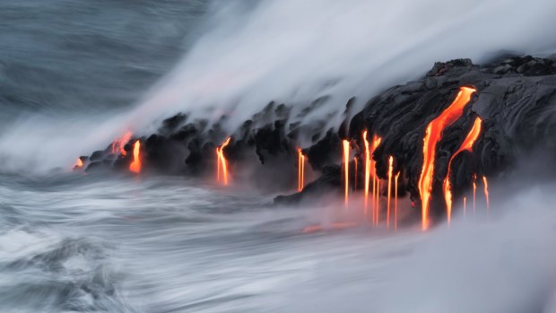 Lava entering the Pacific Ocean on Kilauea, Big Island, Hawaii.