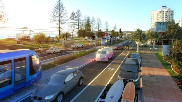 An artist's impression of light rail on Alexandra Parade on the Sunshine Coast.