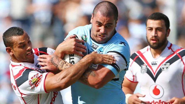 On the warpath: Sharks prop Andrew Fifita against the Warriors on Saturday.