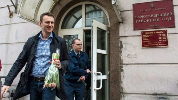 Cut off: Russian dissident Alexei Navalny leaves a court building in Moscow on March 7.