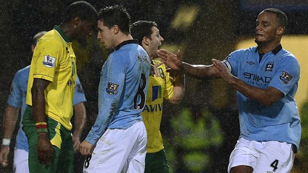 Flashpoint ... Norwich City's Sebastien Bassong (L) clashes with Manchester City's Samir Nasri.