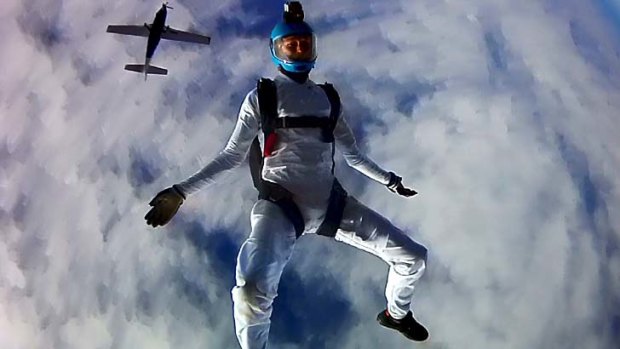Death from above: Peter Farley skydives at Sydney Skydivers in 2012.