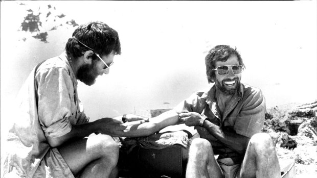  Dr. Mark Podkolinski takes a blood sample from Peter Cocker as the ANU expedition to Dunagiri,was also a chance to study the impact of high altitudes on the body.