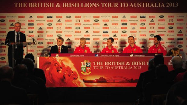 British and Irish Lions Tour Manager Andy Irvine (l) with Head coach Warren Gatland (2nd L) with assistants  Robert Howley; Graham Rowntree  and Andy Farrell (r) at the press conference.