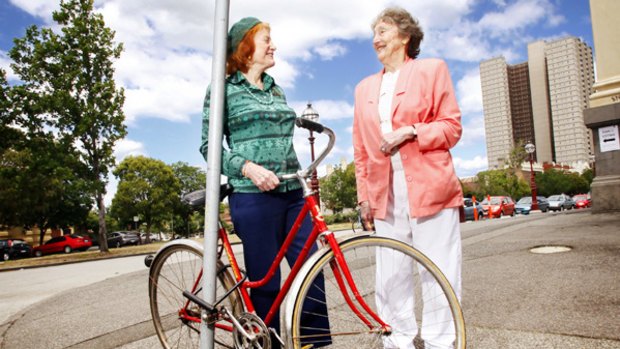 Still pedalling: Shirley Duncan (left) and Wendy Suart renew their friendship in Melbourne yesterday.