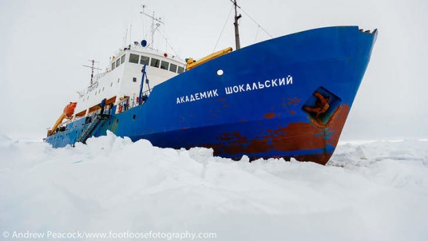 MV Akademik Shokalskiy trapped in the ice at sea off Antarctica.