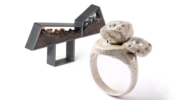 Fresh angles: a Lawrence Woodford ring titled For Memory of a Technicolour Horizon II (left) and a Karl Fritsch ring with silver sapphires (right).