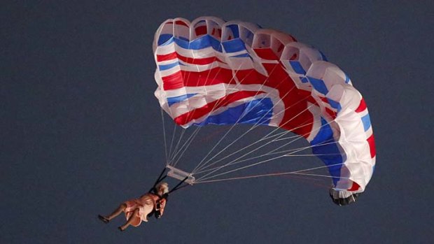 'Queen Elizabeth' parachutes from a helicopter during the opening ceremony of the London 2012 Olympic Games.