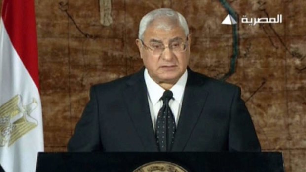 Egypt's interim president Adly Mansour delivering his first televised address to the nation since his inauguration.