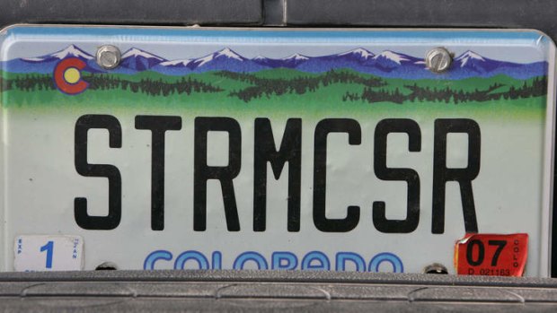 The license plate on the truck of tornado chaser Tim Samaras.