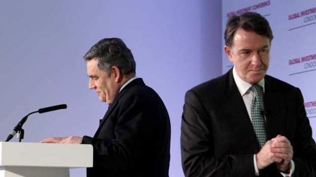 Business Secretary Peter Mandelson and British Prime Minister Gordon Brown speak at the Global Investment Conference at the Saatch Gallery, London. <i>Picture: Dan Kitwood/Getty Images</i>