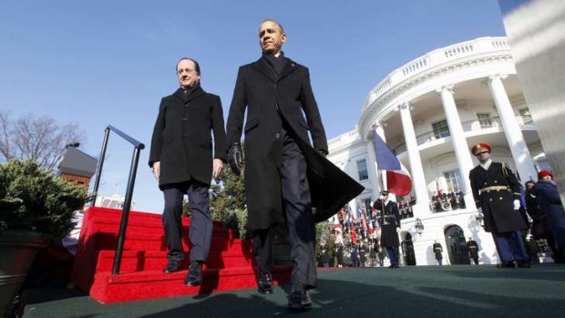 US President Barack Obama and French President Francois Hollande on the south lawn of the White House.