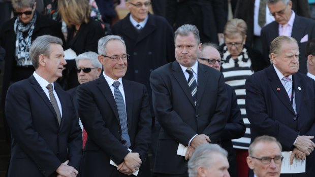 Former NSW Premiers Barry O'Farrell, Morris Iemma and Nathan Rees leave at the end of the State Funeral for The Honourable John Richard Johnson at St Mary's Cathedral.