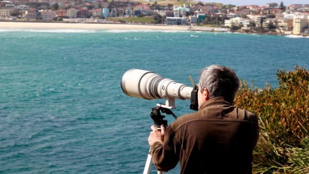 Photographer Ben Rushton takes a photo of Gabriella Duddy on North Bondi from St Peters park with a high-power lens.