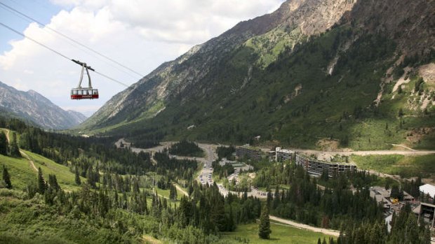 High view: Snowbirds scenic aerial tram up Little Cottonwood Canyon.