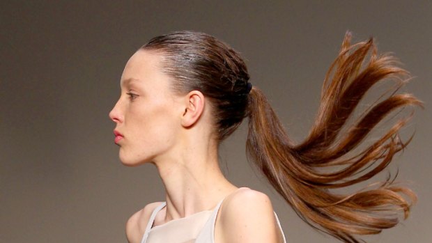 Ponytail perfection ... dual textured high ponytail in the Christopher Esber show.