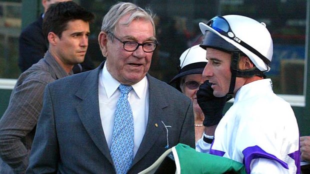 Winning owner ... Geoff White with jockey Glen Boss after his win in the Cameron Handicap on Collate in 2005.