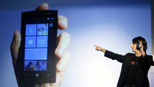 Microsoft's VP for Windows Phone Joe Belfiore presents Windows Phone 7 at the Mobile World Congress in Barcelona.