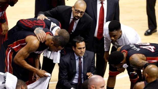 Heat coach Erik Spoelstra speaks to his Miami team in a huddle during the series win over the Indiana Pacers in the Eastern Conference Finals.