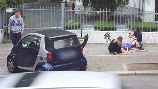 Fake ... a Google Street View image of a woman appearing to give birth on a pavement. <i>Screengrab</i>