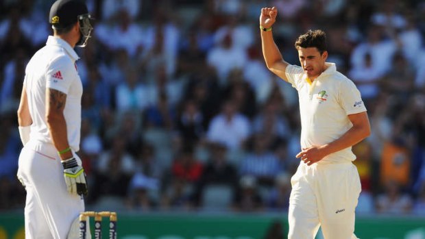 Key dismissal: Mitchell Starc celebrates the wicket of Kevin Pietersen.