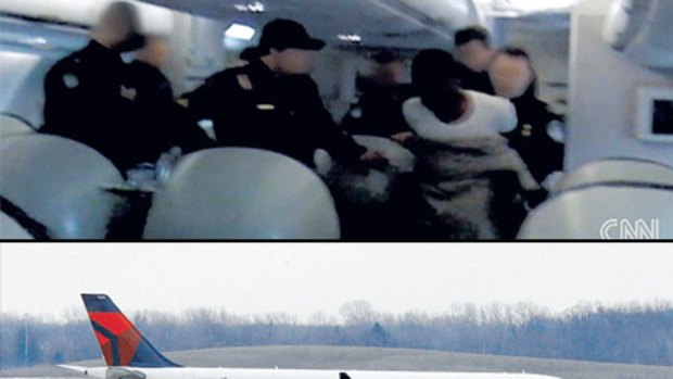 Top: Aircraft cabin crew grapple with the suspected bomber. Bottom: The Northwest Airlines plane is pulled towards the terminal at Detroit airport after the incident.