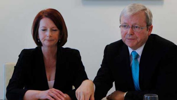 Julia Gillard meets with Kevin Rudd to discuss the campaign. <i>Picture: Andrew Meares</i>