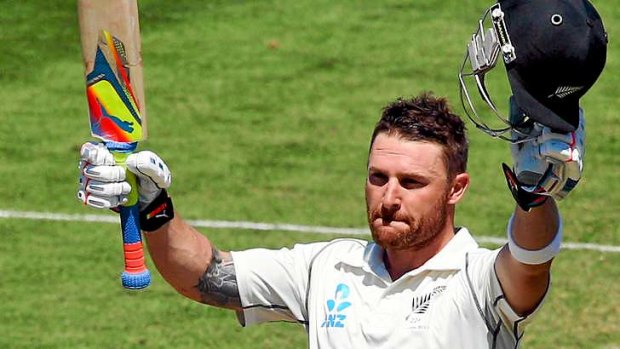 Double double: Brendon McCullum of New Zealand celebrates his double century during day four of the second Test match between New Zealand and India.