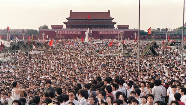 Thousands of people protest in Tiananmen Square, Beijing, on June 2, 1989.