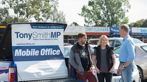 The Speaker, Tony Smith, meets constituents at his "mobile office" - an old V8 Holden twin-cab ute. Picture supplied. Supplied