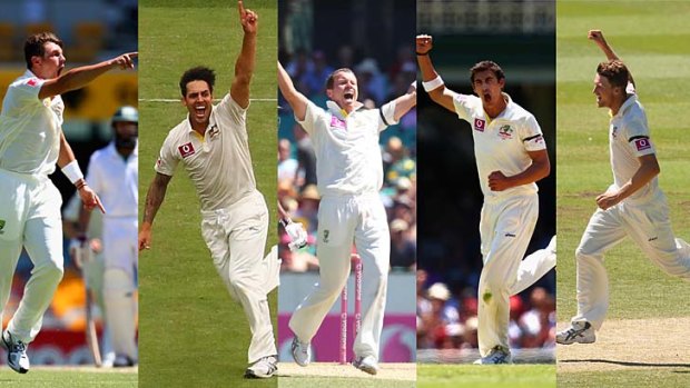 James Pattinson, Mitchell Johnson, Peter Siddle, Mitchell Starc, and Jackson Bird. <i>Photos: Brendan Esposito and Getty Images</i>