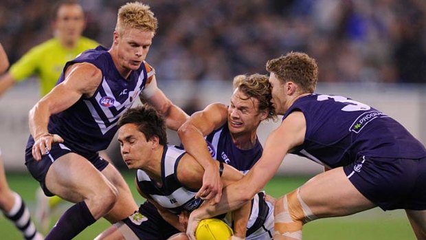 Cat wrapped: Geelong's Mathew Stokes is wrapped up by Fremantle players last night.