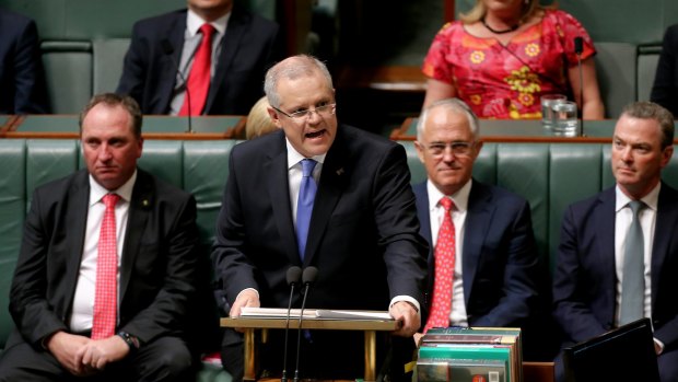 Treasurer Scott Morrison delivers the Budget speech in the House of Representatives at Parliament House in Canberra.
