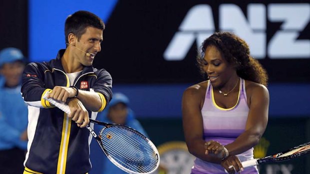 Djoker style: World No. 1 Novak Djokovic shows his moves to US star Serena Williams on Saturday.