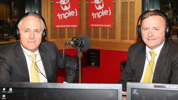 Matching ties: Malcolm Turnbull and Anthony Albanese at the Triple J studio.