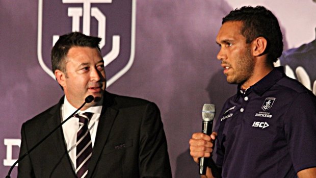 Harley Bennell speaks at Fremantle's AGM on Wednesday night.