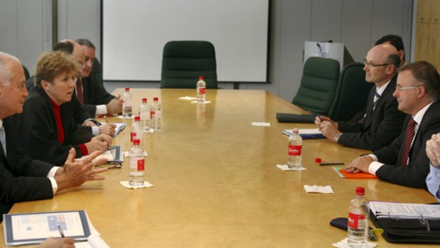 US  deputy secretary of Homeland Security Jane Holl Lute in talks with Anthony Albanese (far right) in Sydney yesterday.